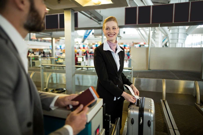 airline-check-attendant-sticking-tag-luggage-commuter airline-check-attendant-sticking-tag-luggage-commuter